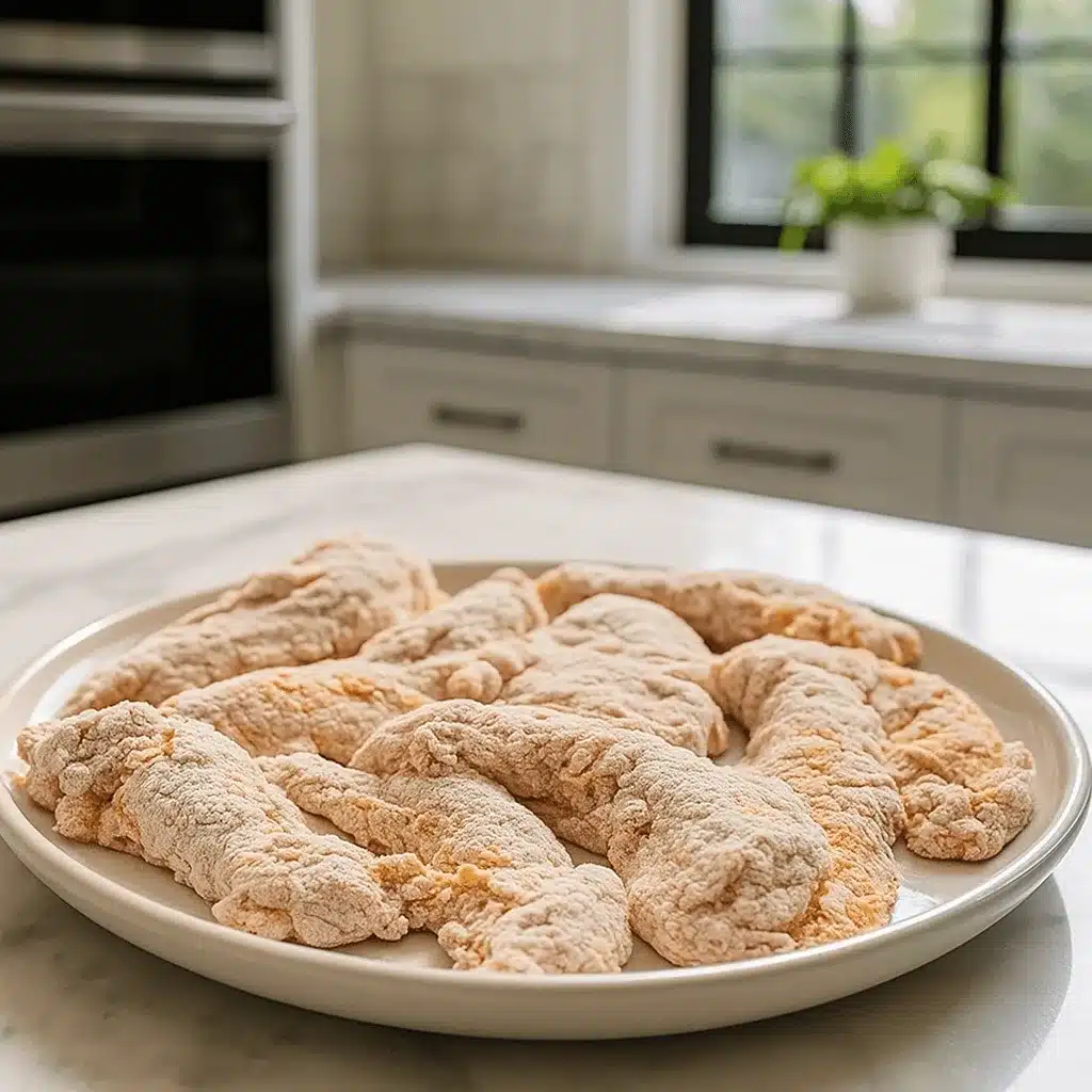 These flour-dredged chicken tenders are ready to turn into perfectly crisp hot honey chicken tenders. Uncooked chicken tenders coated in seasoned flour on a white plate, ready for frying