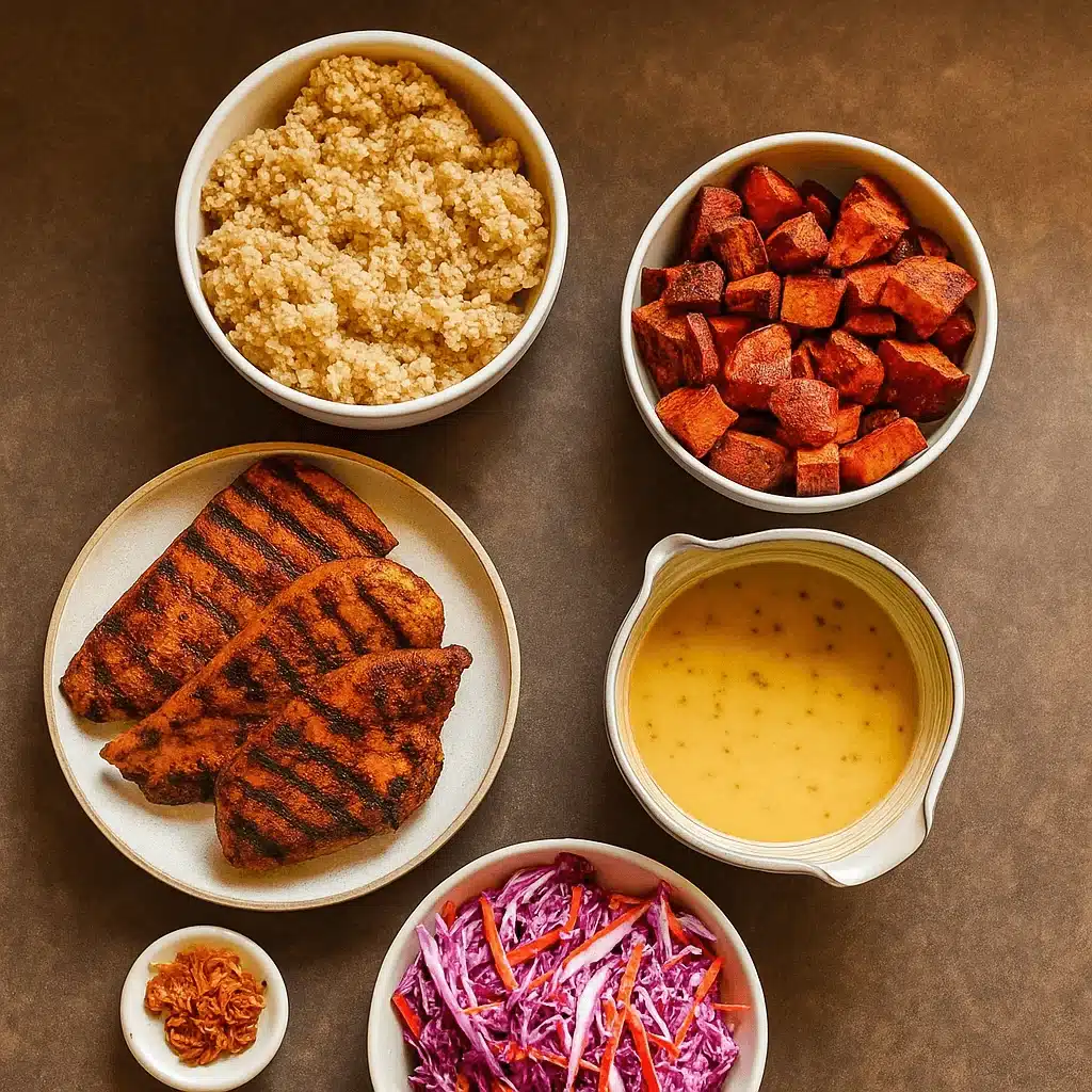 Everything you need for a crave-worthy Sweetgreen Hot Honey Chicken bowl: roasted veggies, quinoa, slaw, and that irresistible spicy-sweet glaze. Sweetgreen hot honey chicken bowl ingredients including grilled chicken, quinoa, sweet potatoes, and cabbage