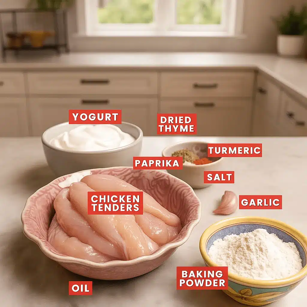 Everything you need to make homemade hot honey chicken tenders—from paprika and garlic to creamy yogurt marinade. Ingredients for making Hot Honey Chicken Tenders including chicken tenders, spices, yogurt, and flour