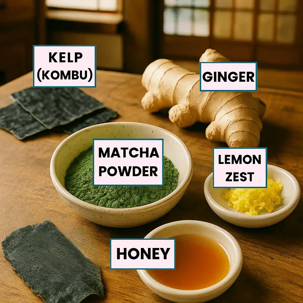 Just five powerhouse ingredients make the Japanese Mounjaro Recipe a nutrient-dense daily ritual. Key ingredients for Japanese Mounjaro Recipe—matcha powder, kombu, ginger, lemon zest, and honey