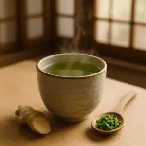 A ceramic Japanese-style cup filled with steaming green Mounjaro tea on a wooden table with ginger and herbs, in soft natural light