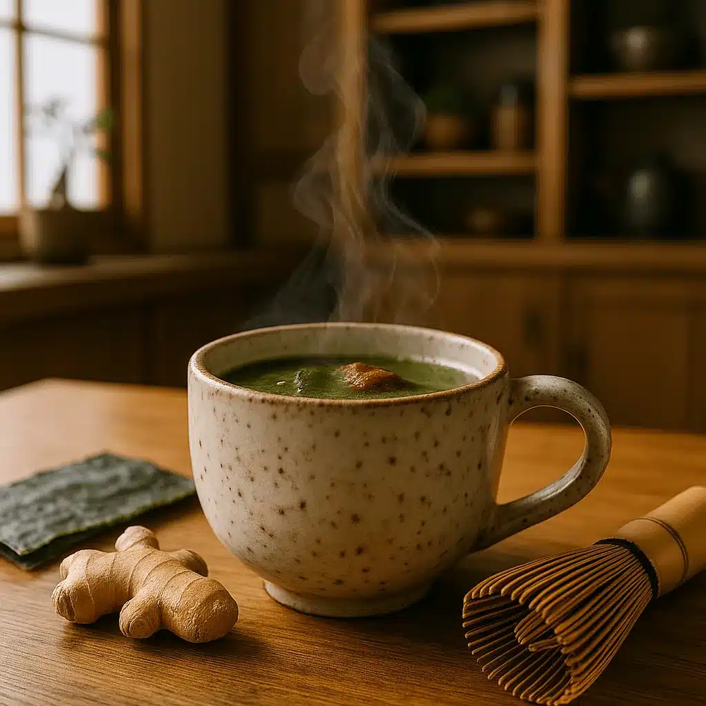 A soothing cup of Japanese Mounjaro Tea made with matcha and kombu Japanese Mounjaro Tea served warm in a ceramic cup