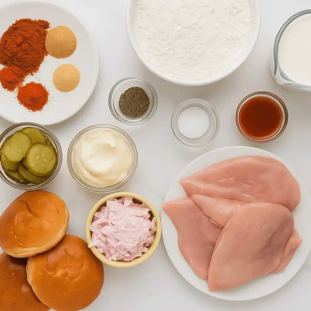 Everything you need to make the ultimate Nashville hot chicken sandwich—from raw chicken to slaw and seasoning. Ingredients for making Nashville hot chicken sandwich including spices, chicken breasts, pickles, buns, and slaw