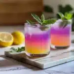 This visually striking glass of Brazilian Mounjaro features a naturally layered drink combining butterfly pea flower tea, lemon juice, and honey. The vivid gradient from yellow to purple creates a photogenic health elixir, garnished with fresh mint leaves and served over ice. A refreshing option loaded with antioxidants and known for its metabolism-boosting benefits.