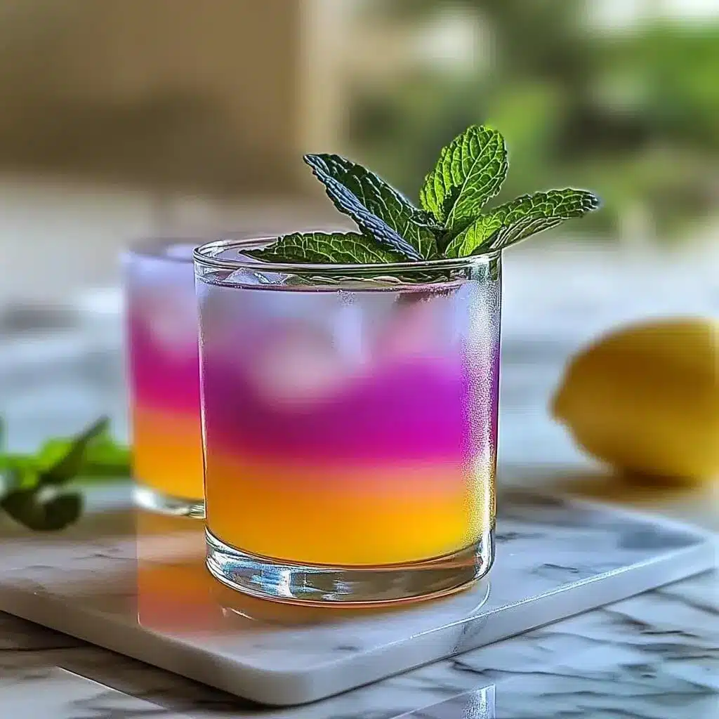 Brazilian Mounjaro magic This tropical tea blend changes color—and boosts your mood and metabolism naturally! Two glasses of Brazilian Mounjaro with layered purple and orange tea, topped with mint and surrounded by fresh lemons on marble.