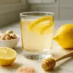 Pink Salt Trick for Weight Loss – Glass of lemon ginger detox water with Himalayan pink salt, fresh lemon slices, raw honey, and ginger on a white kitchen counter