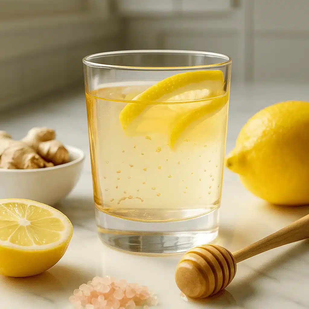Morning detox water made with lemon, ginger, honey, and pink salt — the viral Pink Salt Trick for Weight Loss Pink Salt Trick for Weight Loss – Glass of lemon ginger detox water with Himalayan pink salt, fresh lemon slices, raw honey, and ginger on a white kitchen counter