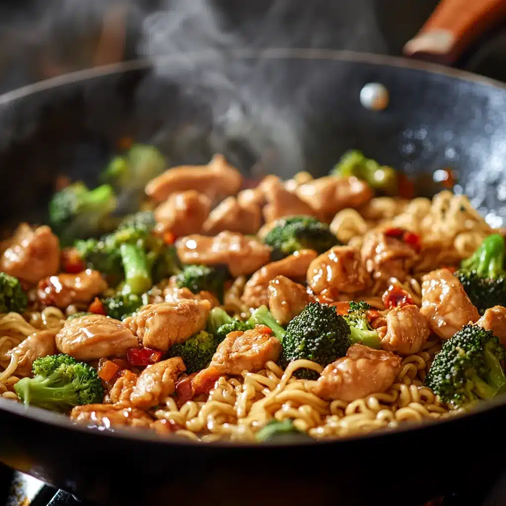 Chicken and broccoli cooking in wok for noodle stir fry