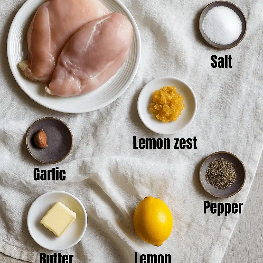 Simple ingredients like lemon, garlic, and butter turn frozen chicken breast into a gourmet meal. Ingredients for sous vide frozen chicken breast including garlic, lemon, salt, pepper, and butter