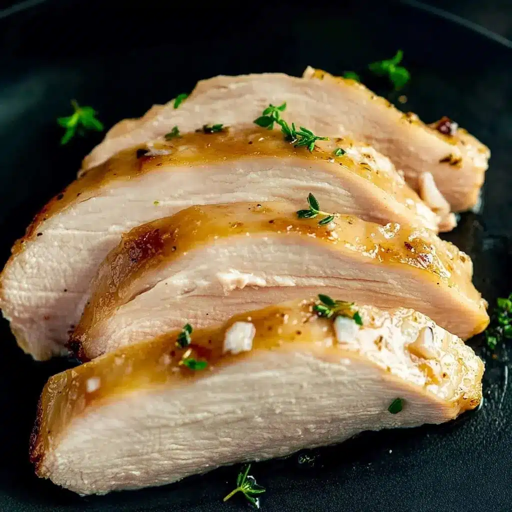 Juicy, evenly cooked sous vide frozen chicken breast, sliced and finished with a bright, flavorful glaze. Sliced sous vide chicken breast garnished with fresh herbs and glazed with lemon garlic sauce