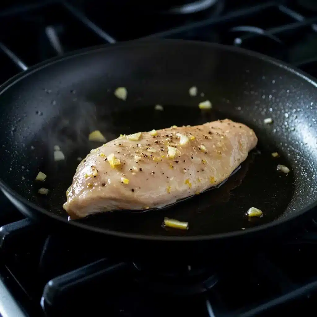 After sous vide cooking, searing the chicken in garlic and lemon zest adds depth and golden color. Sous vide chicken breast cooking in a skillet with garlic, lemon zest, and olive oil