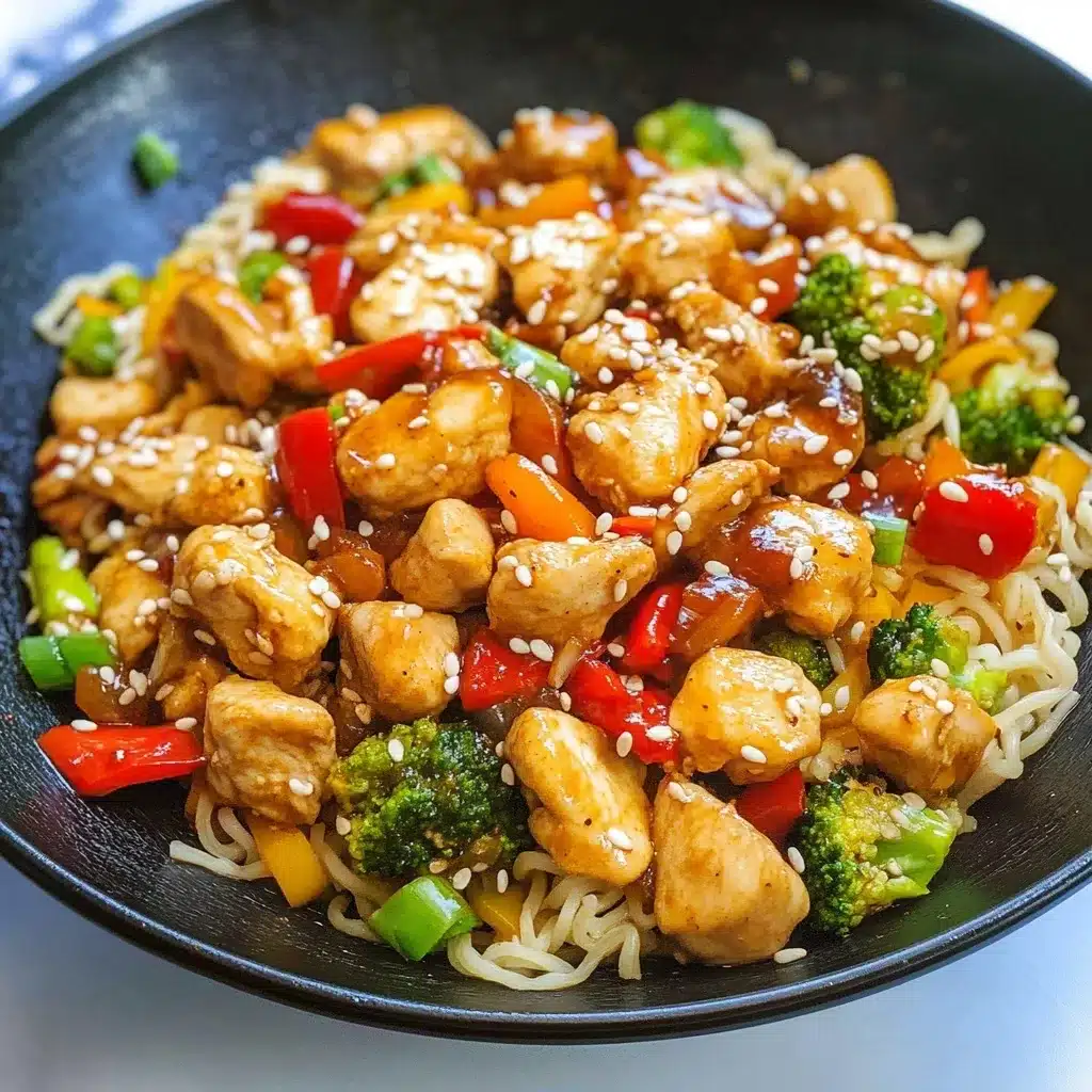 Spicy chicken stir fry with noodles in a wok