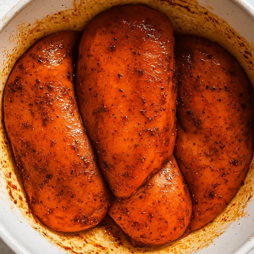 These chicken breasts are soaking in a bold hot honey marinade—your first step to recreating Sweetgreen’s famous hot honey chicken flavor. Raw chicken breasts marinating in sweetgreen hot honey chicken sauce
