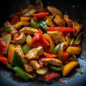 Thai chicken and vegetable stir fry in a hot wok