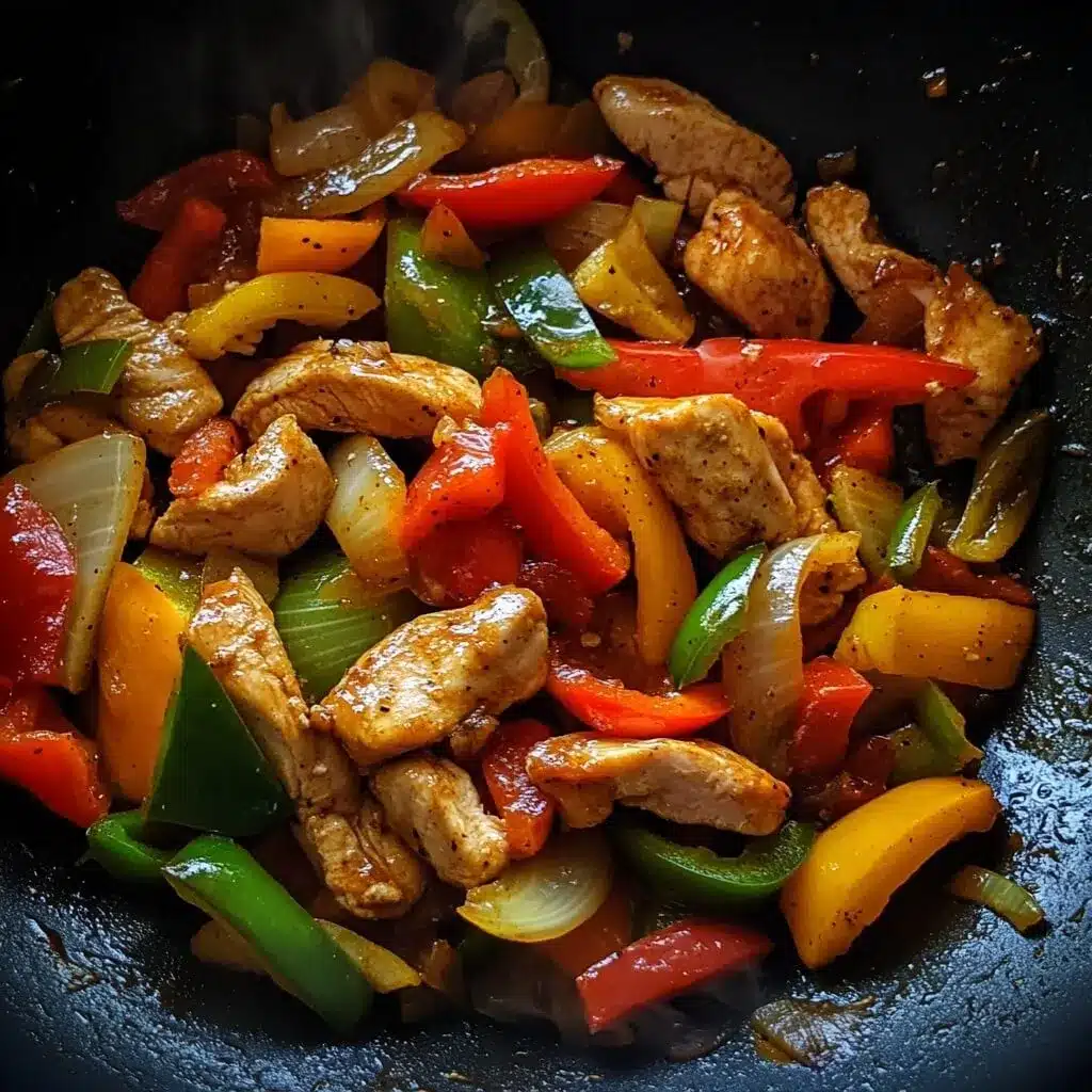 Sizzling Thai chicken and veggie stir fry in a wok Thai chicken and vegetable stir fry in a hot wok