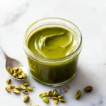 Glass jar of homemade pistachio butter with crushed pistachios and spoon