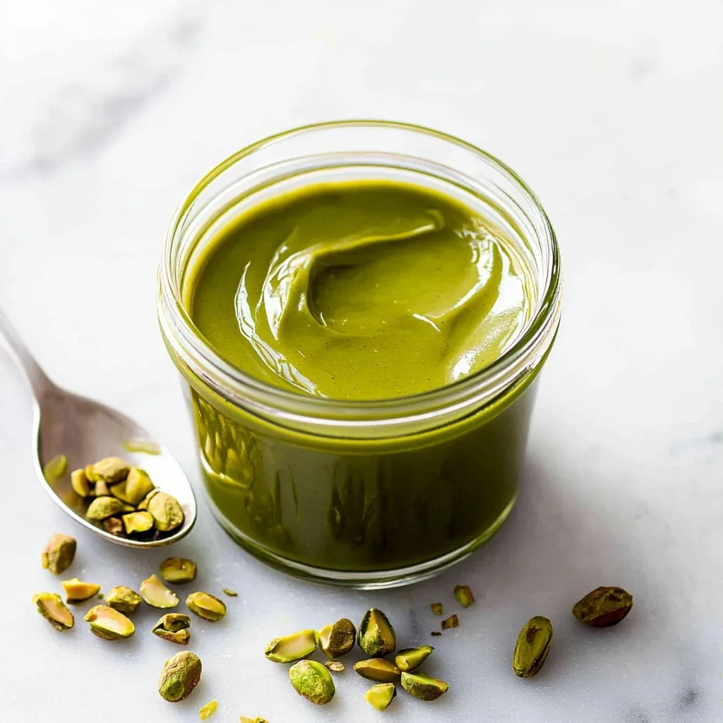 Glass jar of homemade pistachio butter with crushed pistachios and spoon
