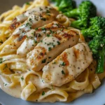 Creamy garlic parmesan chicken served with pasta and broccoli on a plate