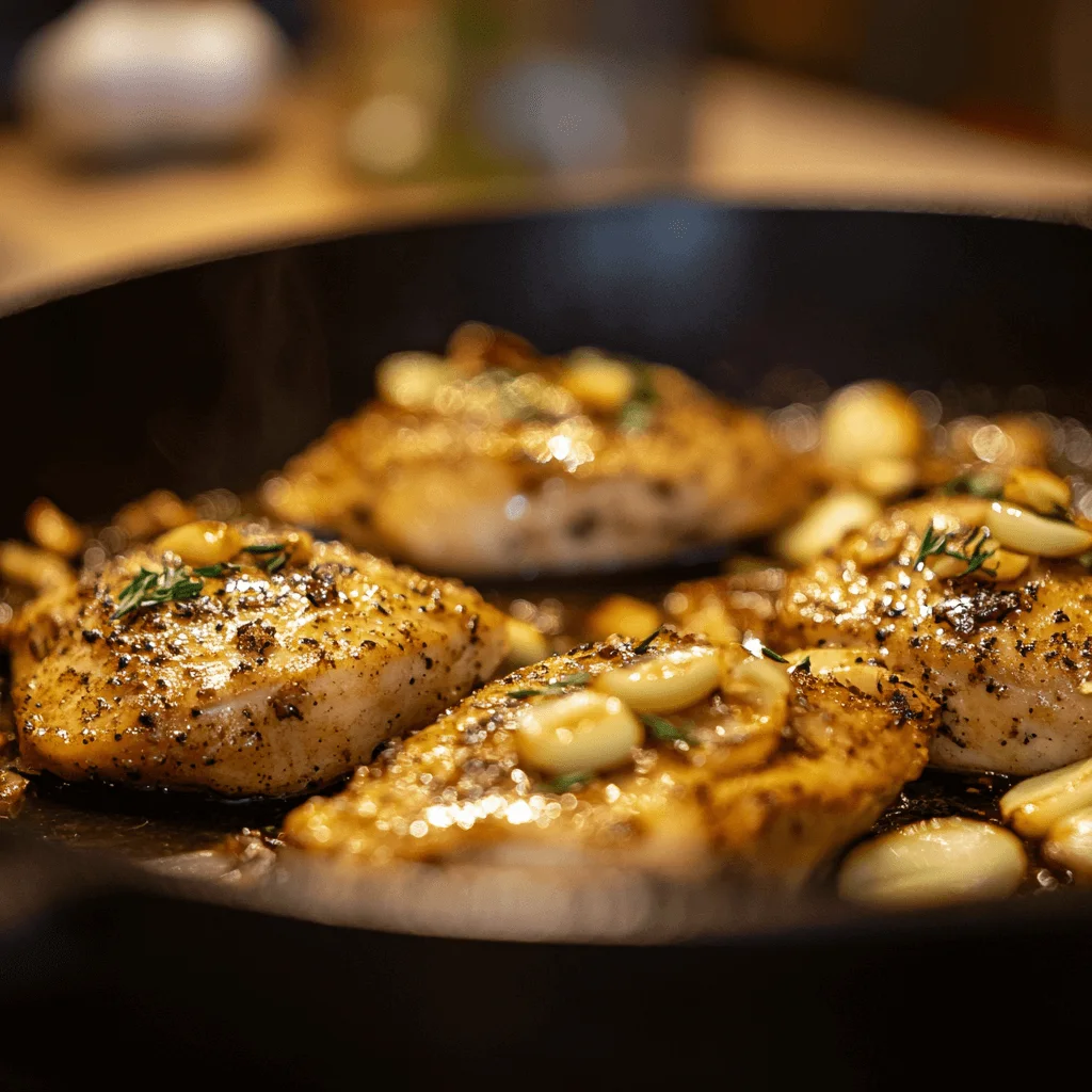 searing-chicken-garlic-parmesan-skillet.jpg Chicken breasts searing in a skillet with garlic for creamy garlic parmesan chicken