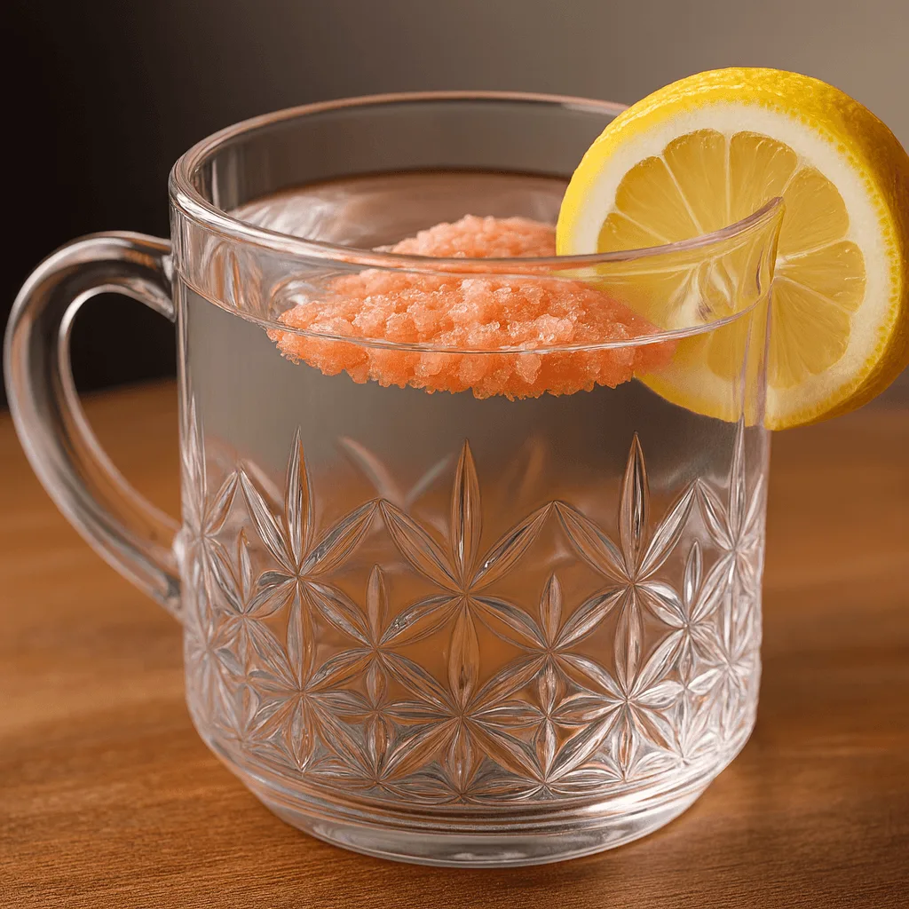 Japanese pink salt recipe for weight loss in a clear mug with lemon and ginger